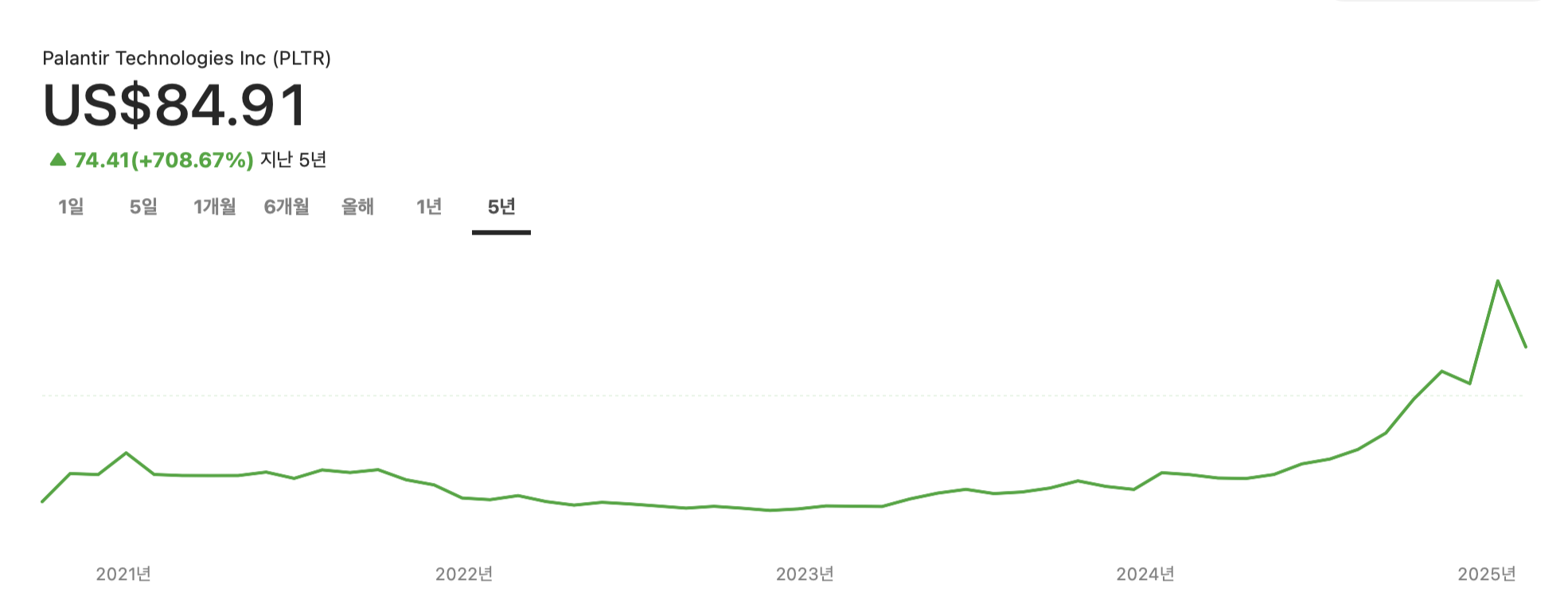 팔란티어 주가 변동(5년간)