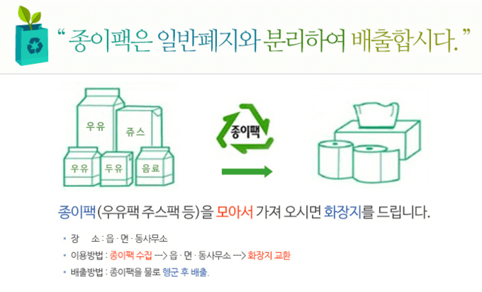  우유팩, 담배꽁초, 폐건전지 주민센터 수거(생활 용품 교환)