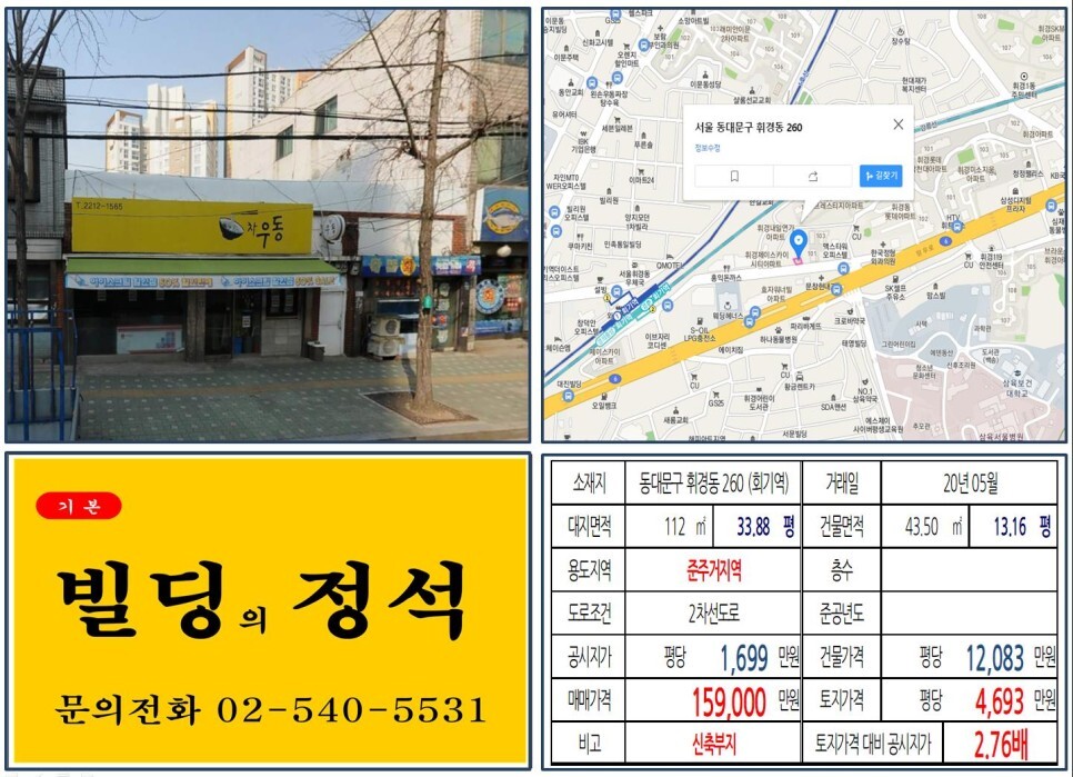 [동대문구 경희대 오피스텔 신축부지 10억 꼬마빌딩 실거래가 조회] 휘경동 260 (회기역) 15.9억 원, 평당 4,693만 원 매매되었습니다. 준주거지역, 삼육대학교, 삼육병원