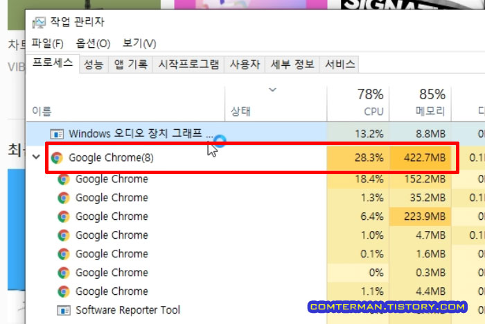 구글 크롬 브라우저 CPU 점유율 메모리 사용량