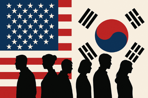미국과 한국의 국기가 조화롭게 배치된 배경에 실루엣 군상을 포함하는 이미지