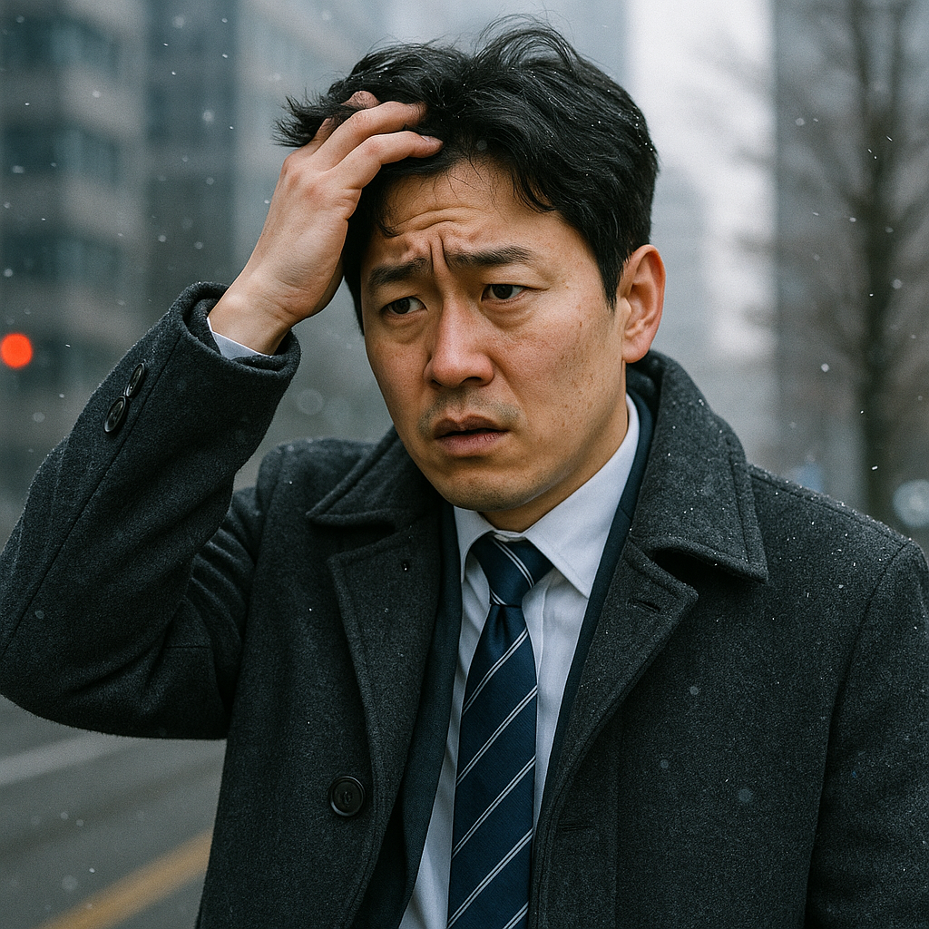 a worried Korean office worker touching their hair in winter, realistic style
