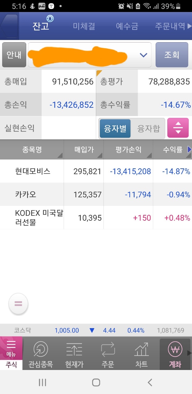  당신의 주식은 안녕하십니까? 저는...평가손익 마이너스 13,426,852 수익률 -14.67% -11월 3일
