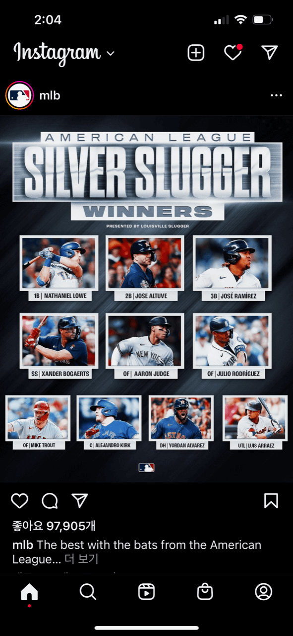 2022년 아메리칸리그 실버슬러거상 수상자명단(출처: MLB인스타)