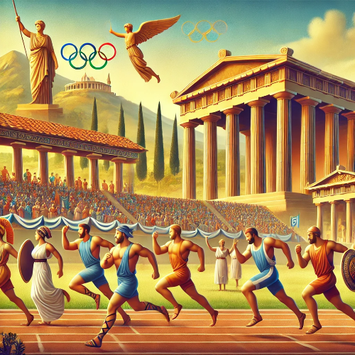 Ancient Greek Olympic Games, showing athletes competing in traditional attire