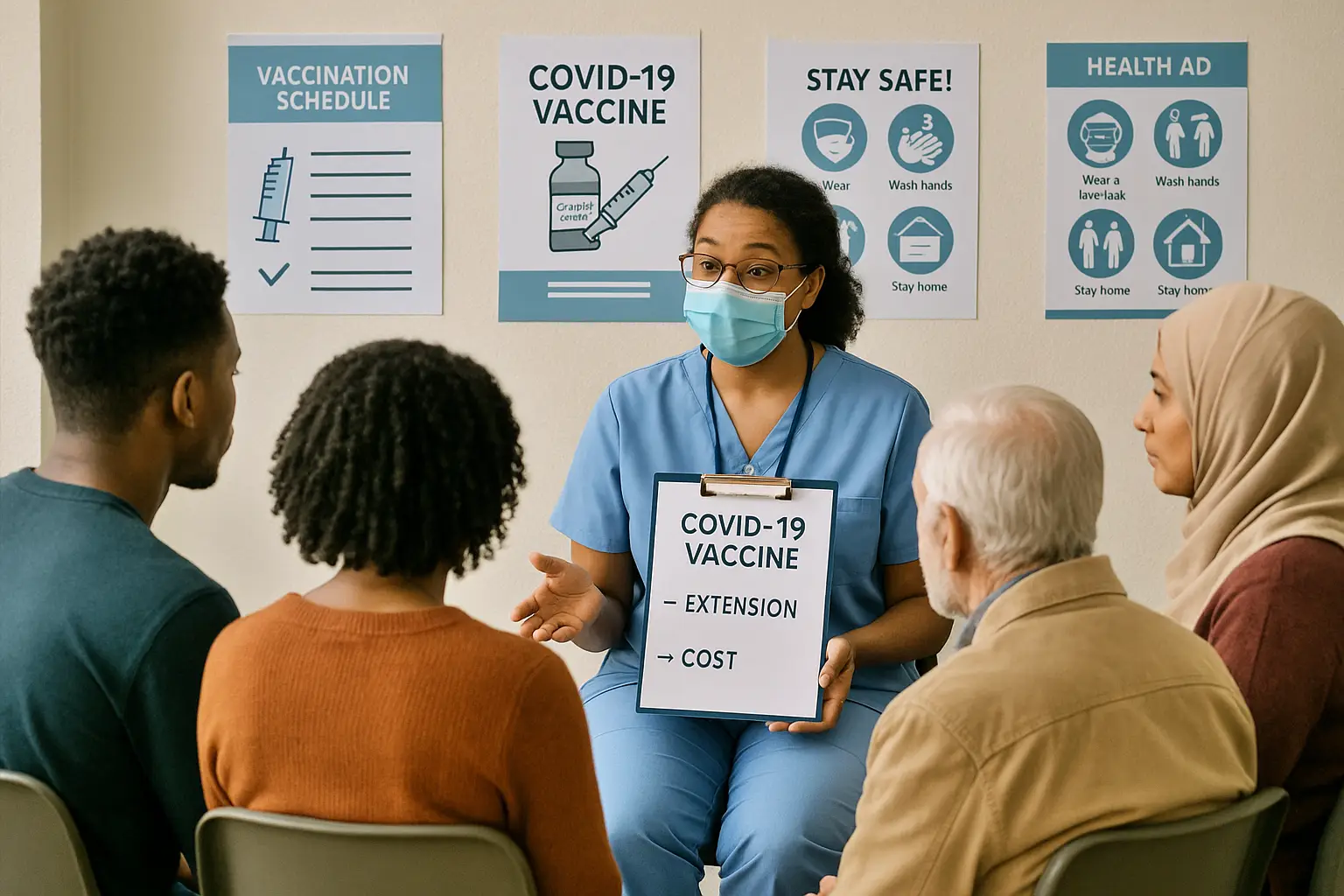 Healthcare worker explaining COVID-19 vaccination extension and cost information to an elderly person at a clinic, with informational posters about vaccines in the background.