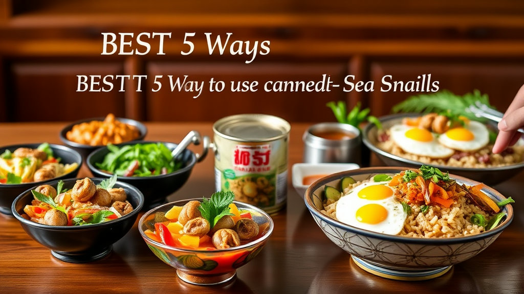 A lavish spread of various canned sea snail dishes (Golbaengi Muchim, Golbaengi Somen, Golbaengi Bibimbap, etc.). A can of sea snails is placed in the center, with "BEST 5 Ways to Use Canned Sea Snails" text overlay.