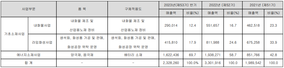 포스코퓨처엠 - 주요 사업 부문 및 제품 현황(2023년 상반기)