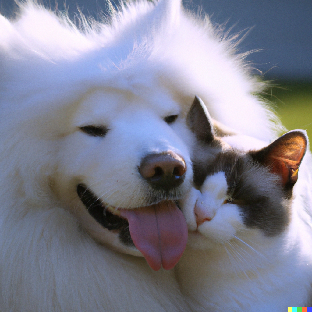 A photo of a Samoyed dog with its tongue out hugging a white Siamese cat