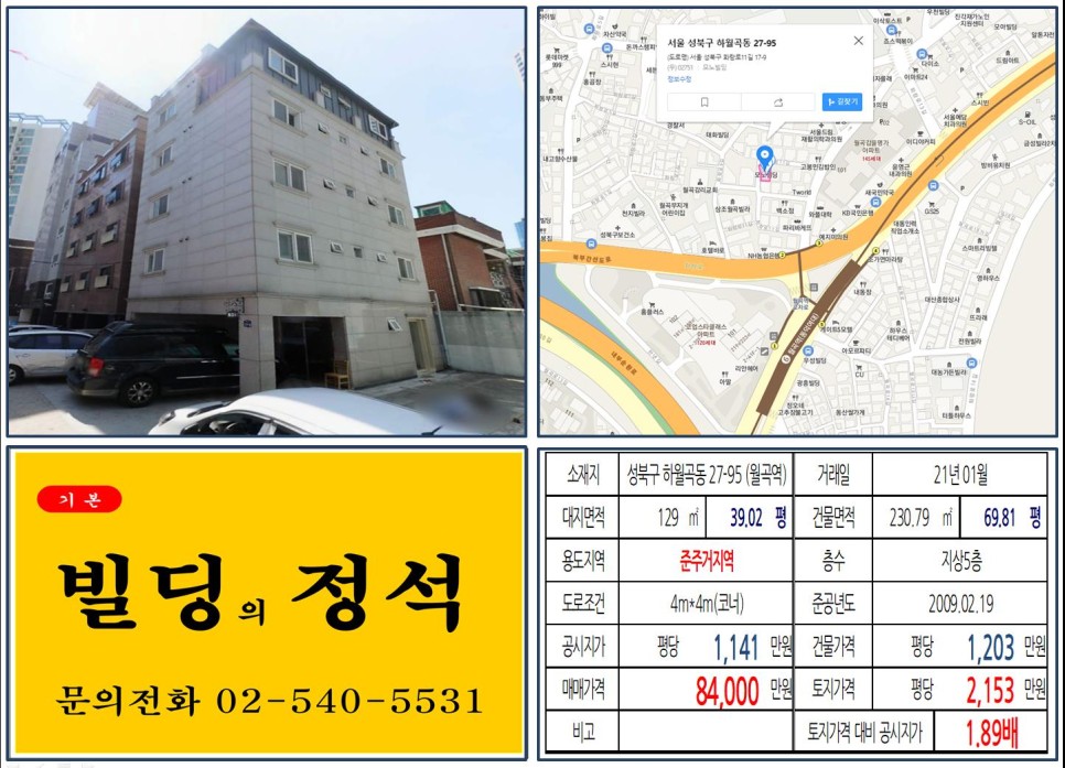  [성북구 월곡역 8억 꼬마빌딩 실거래가 조회] 하월곡동 27-95 (월곡역) 8억 4,000만 원, 평당 2,153만 원 매매되었습니다.