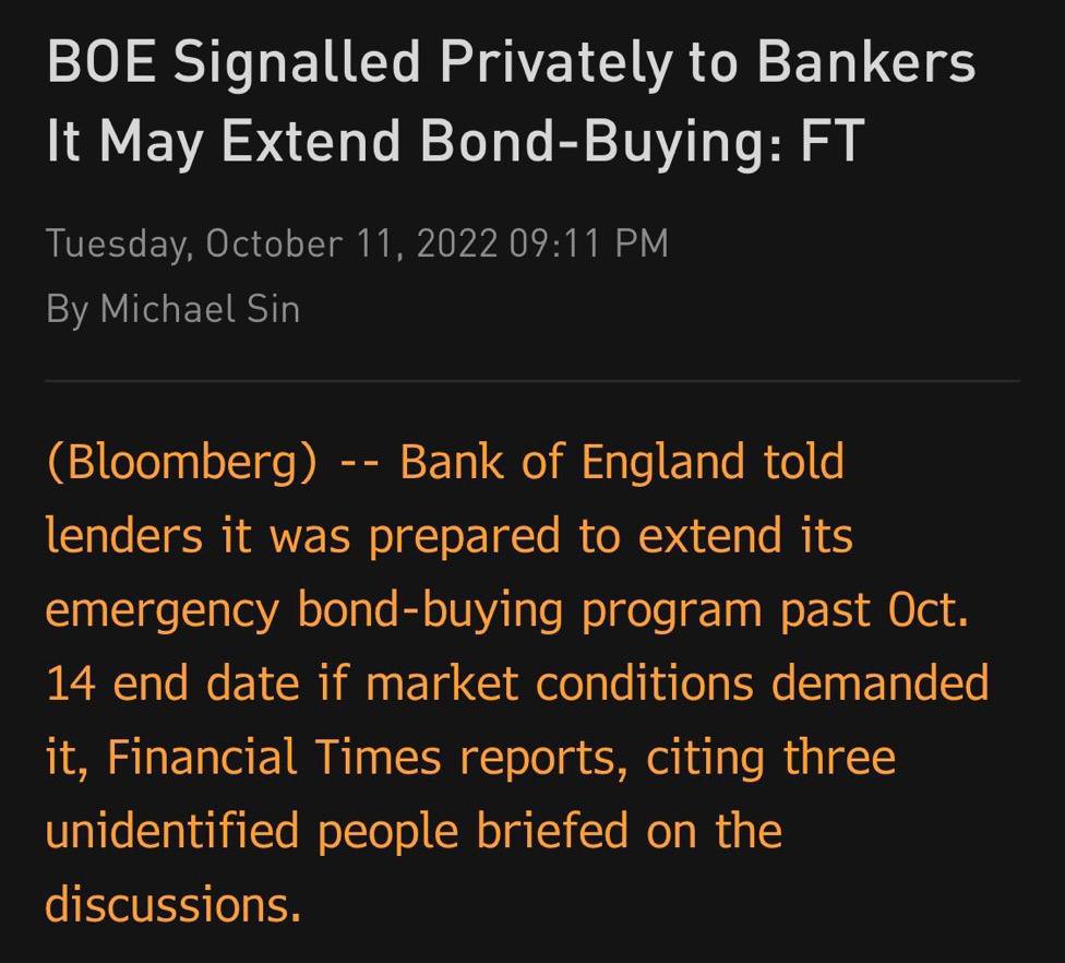 Bank of England told lenders it was prepared to exrend its emergency bond-buying program past Oct. 14 end date if market conditions demanded it&#44; Financial Times reports&#44; citing three unidentified people briefed on the discussions.