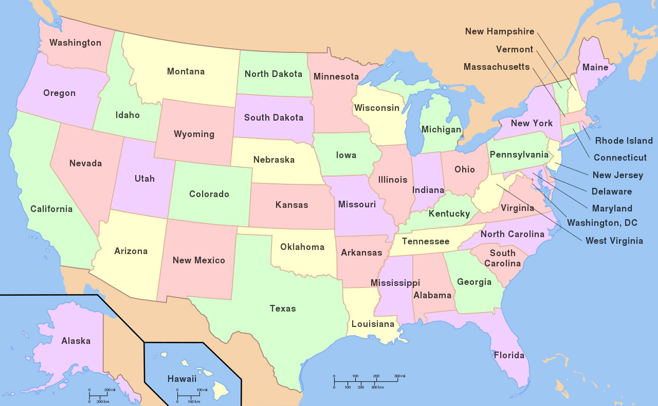 각 주를 구별하기 쉽도록 색상으로 구분한 미국 지도 이미지