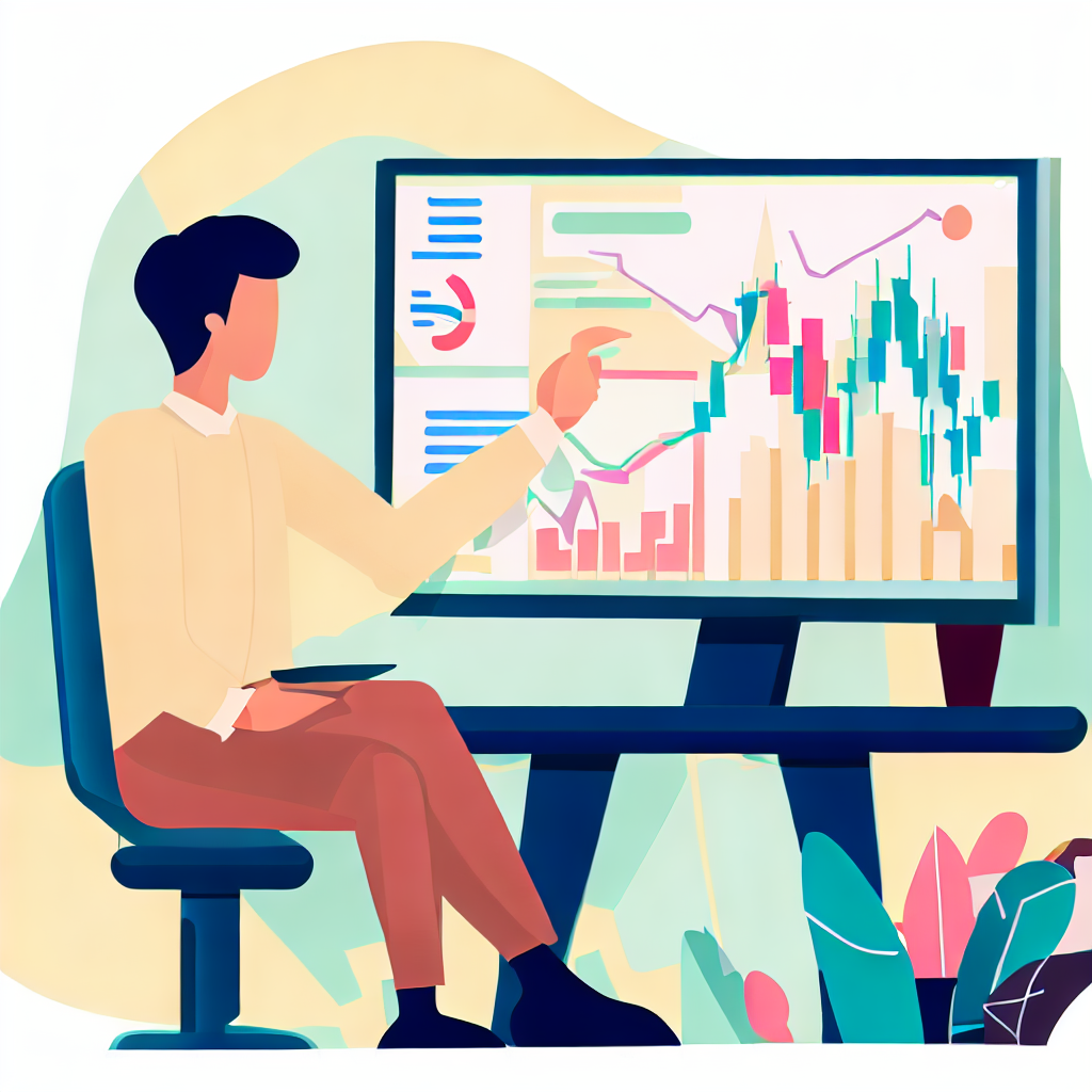 Flat vector style of a person analyzing the stock market trends with the help of information gained from an investor&#39;s meeting.