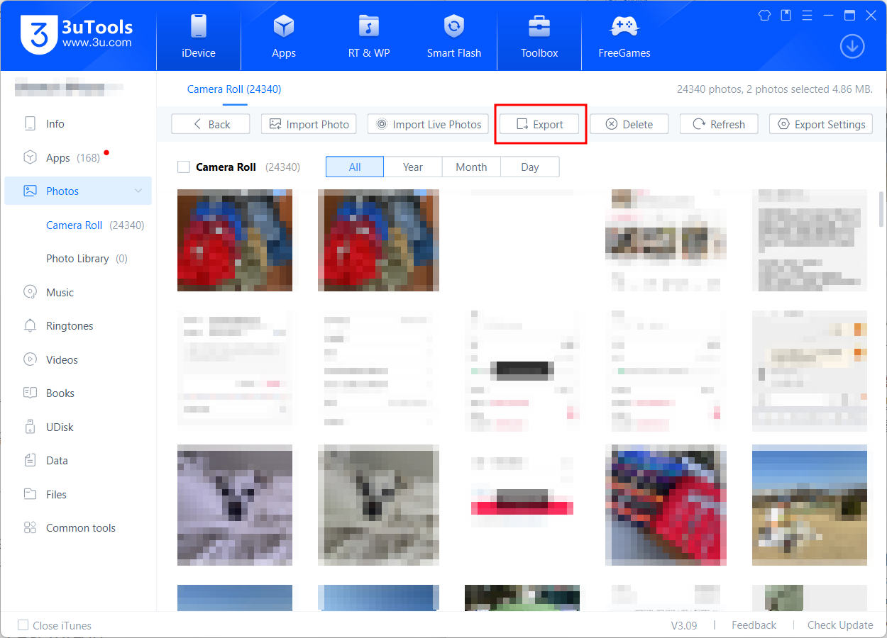 3uTools 사진 내보내기 페이지