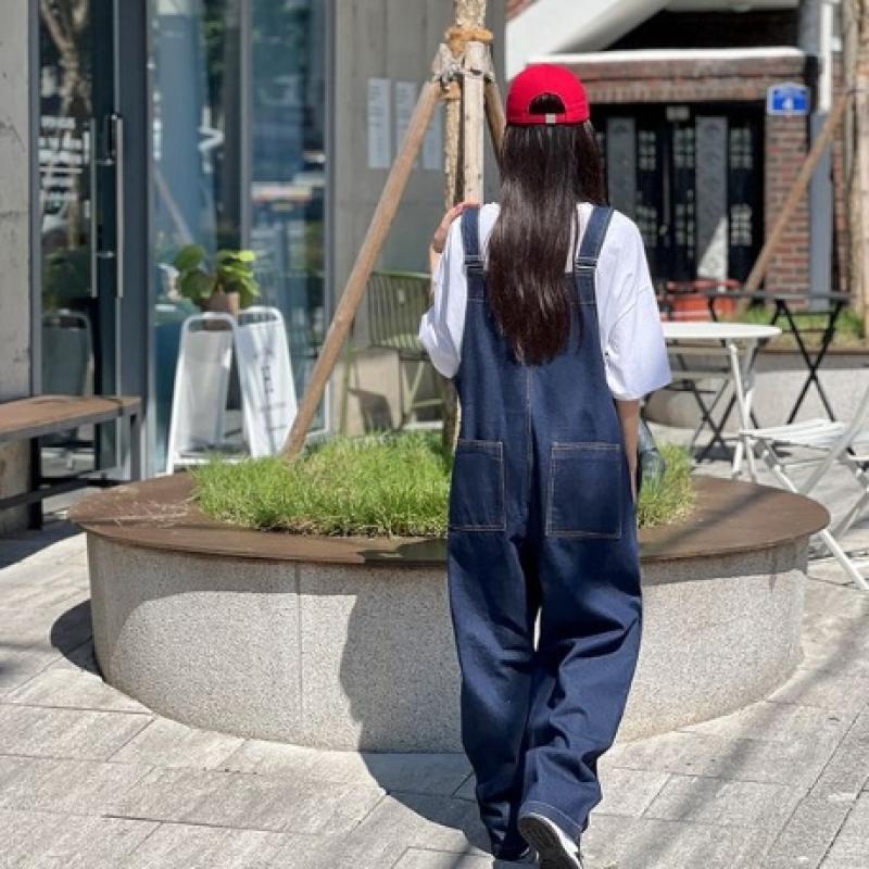 하늘바라기 빅포켓 데님 와이드 멜빵 바지