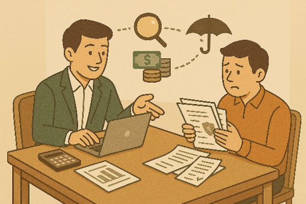 전문가와 소비자가 마주 앉아 보험 분석과 맞춤 상담을 나누는 장면