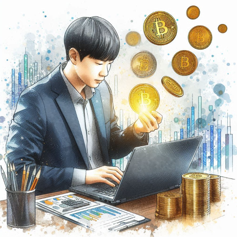 노트북으로 코인거래 하는 모습