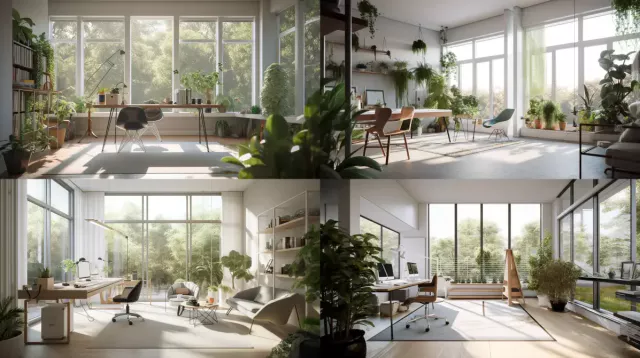 Interior Design&amp;#44; a perspective of a study&amp;#44; modernist&amp;#44; large windows with natural light&amp;#44; Light colors&amp;#44; plants&amp;#44; modern furniture&amp;#44; modern interior design --v 5 --ar 16:9 --chaos 0