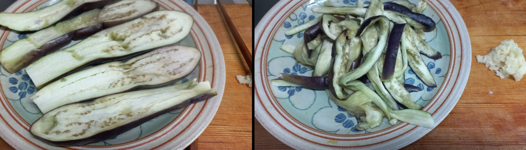 찐 가지 식히고(좌), 찢어준(우)사진
