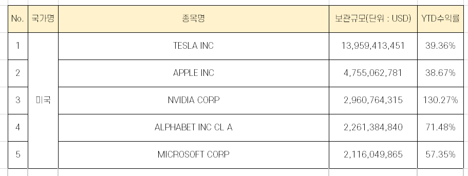  한국인 국가별 해외주식 보유 상위 종목