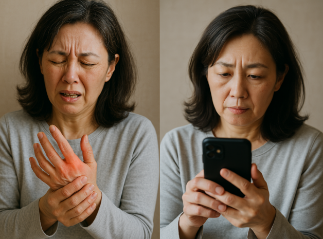 40대 여성 손가락 통증 및 스마트폰 보고있는 사진
