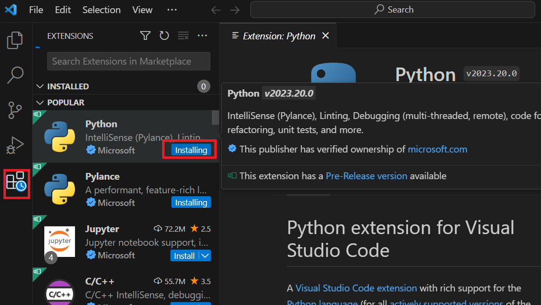 VSCode에서 Python Extension을 설치하는 과정