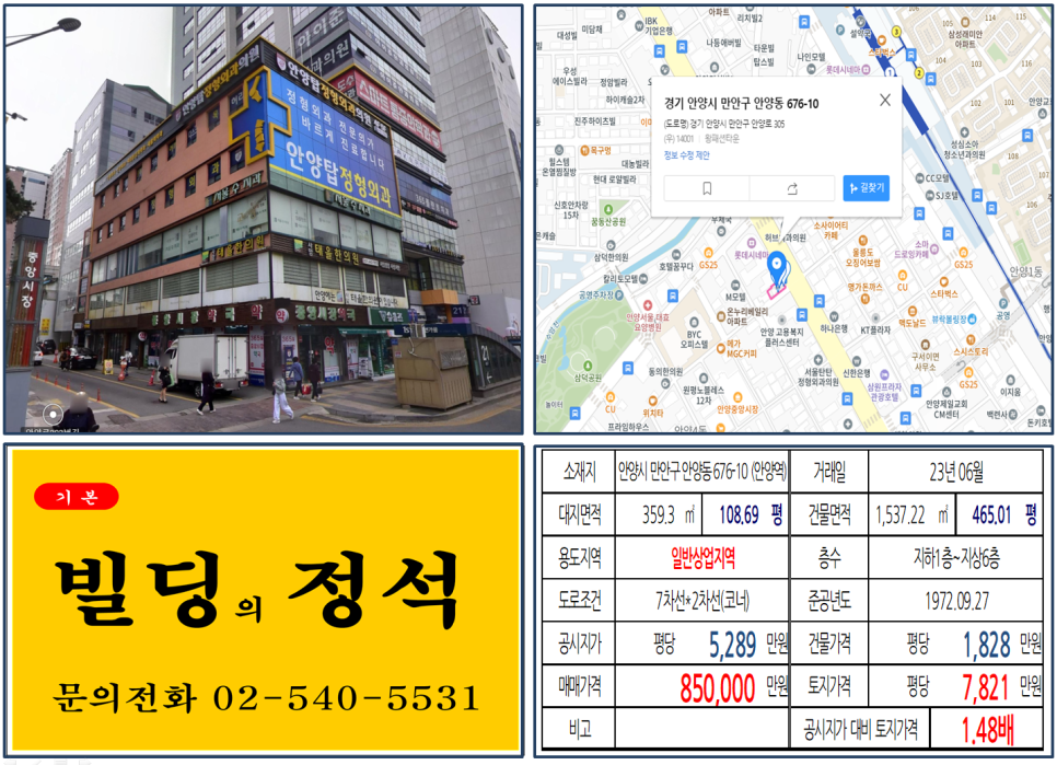  [안양시 만안구 안양 중앙시장 앞 80억 메디컬 빌딩 실거래가 조회] 안양동 676-10 (안양역) 85억 원, 평당 7,821만 원 매매되었습니다.
