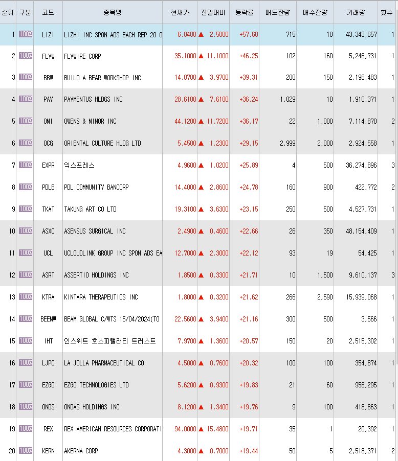  5월26일 미국주식 상승률 상위 종목 TOP 300