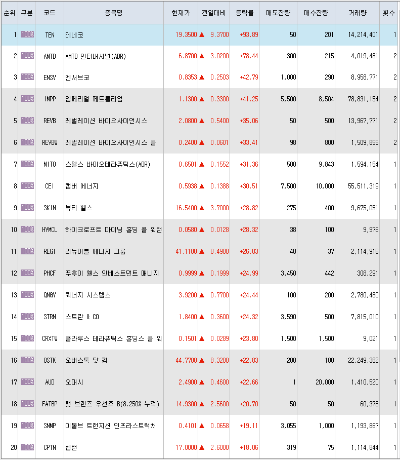  2월23일 미국주식 상승률 상위 종목 TOP 300