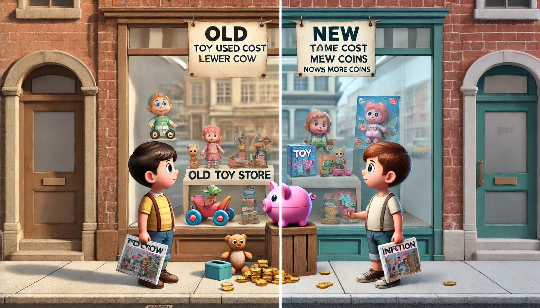 DALL·E 2025-03-21 18.50.10 - A 4K realistic children's illustration showing a comparison of prices over time. Two kids are looking at an old and new toy store. On one side, the sa DALL·E 2025-03-21 18.50.10 - A 4K realistic children's illustration showing a comparison of prices over time. Two kids are looking at an old and new toy store. On one side, the sa