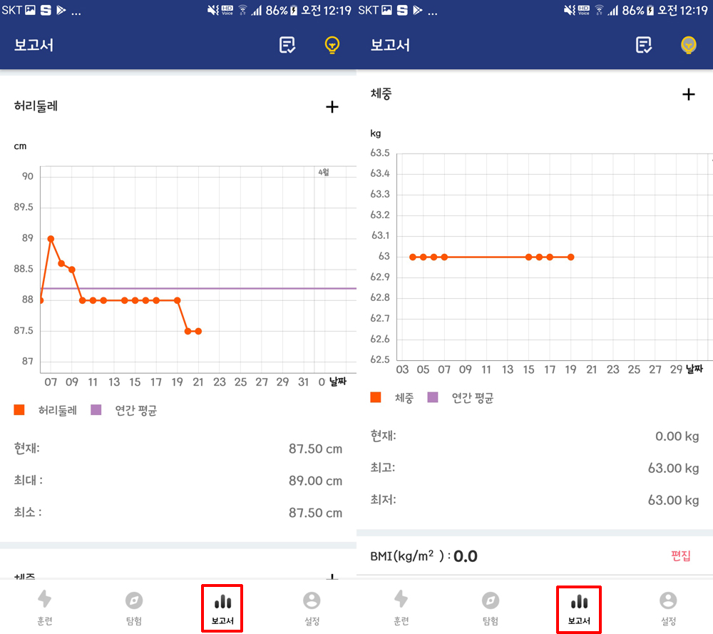 보고서 탭의 화면으로 허리둘레와 체중의 변화를 꺾은선 그래프로 보여준다.