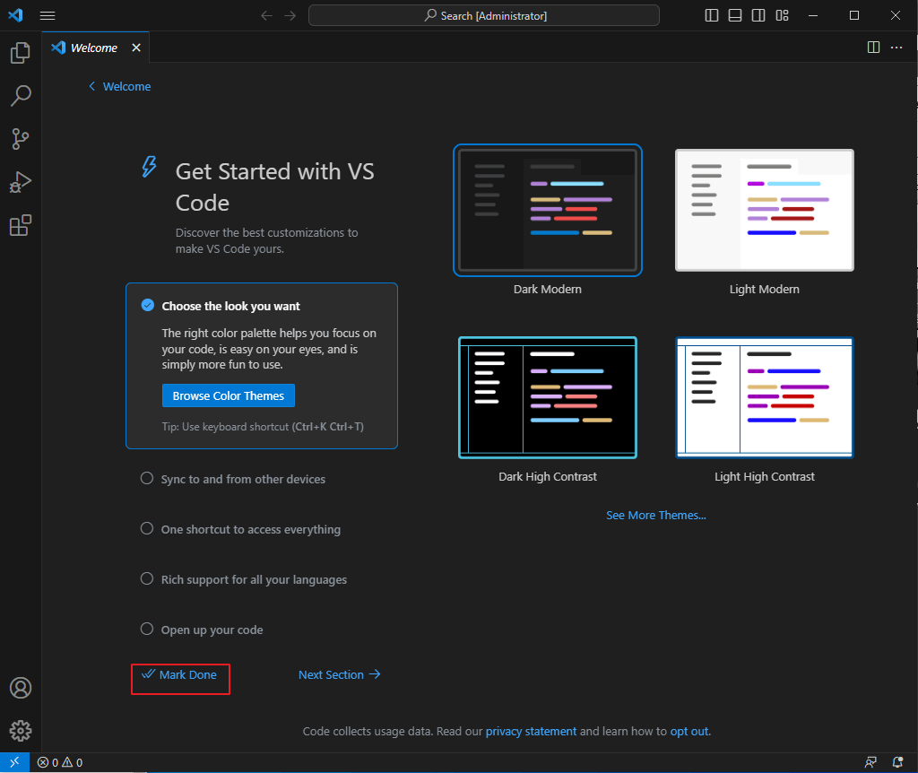 Visual Studio Code 실행 후 Mark Done클릭