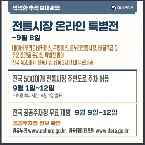 추석맞이 전통시장 온라인특별전(9월1일~8일) 및 공공주차장 편의제공(9월1일~12일)