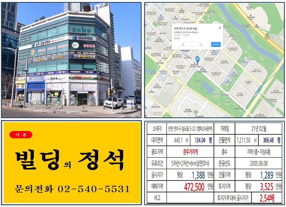 [연수구 송도더샾 메디컬빌딩 40억 꼬마빌딩 실거래가 조회] 송도동 3-22 (캠퍼스타운역) 47.25억 원, 평당 3,525만 원 매매되었습니다. 송도카페거리, 송도컨벤시아