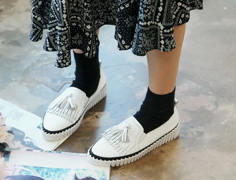  소가죽 더블프린지 더블태슬 3.5cm 볼트굽 슬립온