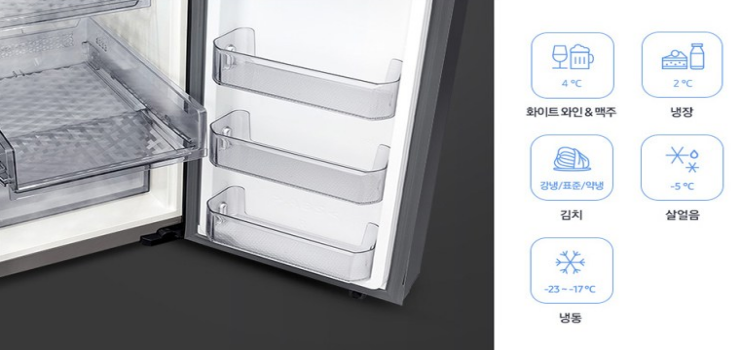 삼성전자-BESPOKE-4도어-냉장고-냉장실의-문을-열여-넉넉한-수납-공간이-있는-것을-보여주는-모습