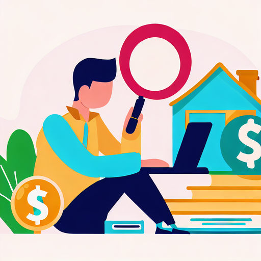 flat vector style of a person doing research on real estate investment avoiding scams