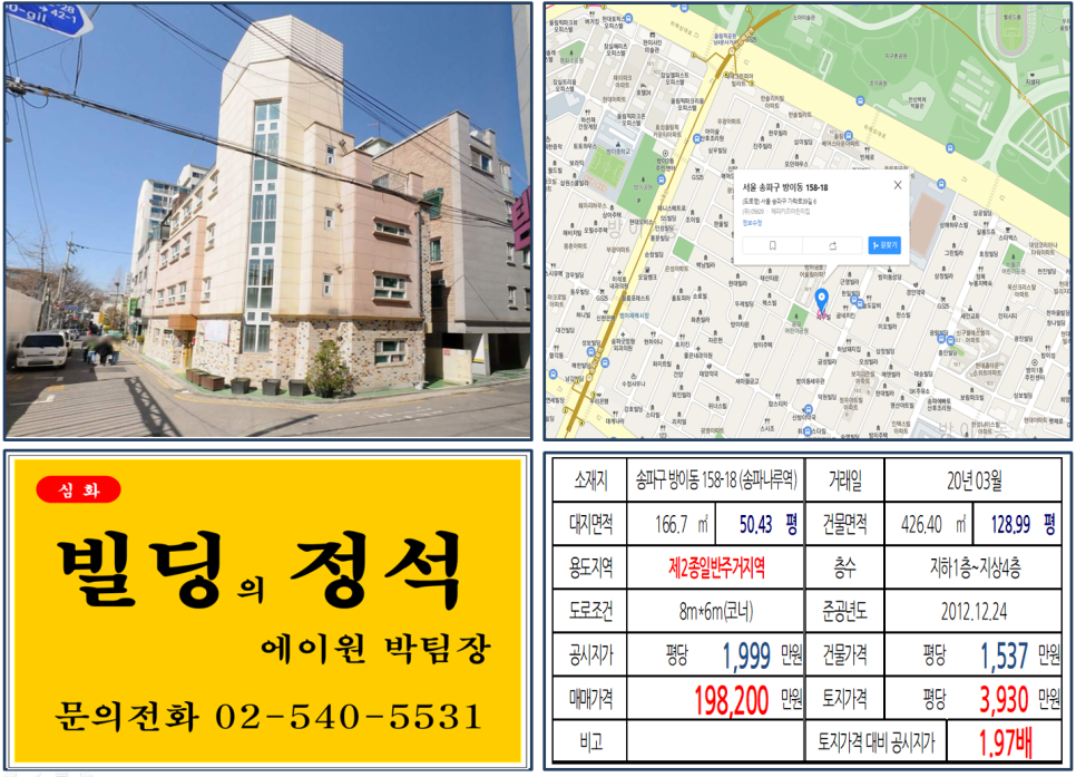 [송파구 방이초등학교 코너빌딩 실거래가 조회] 방이동 158-18 (송파나루역) 19.82억 원, 평당 3,930만 원, 방이동트리니엘송파아파트 예정지역 앞 10억 빌딩