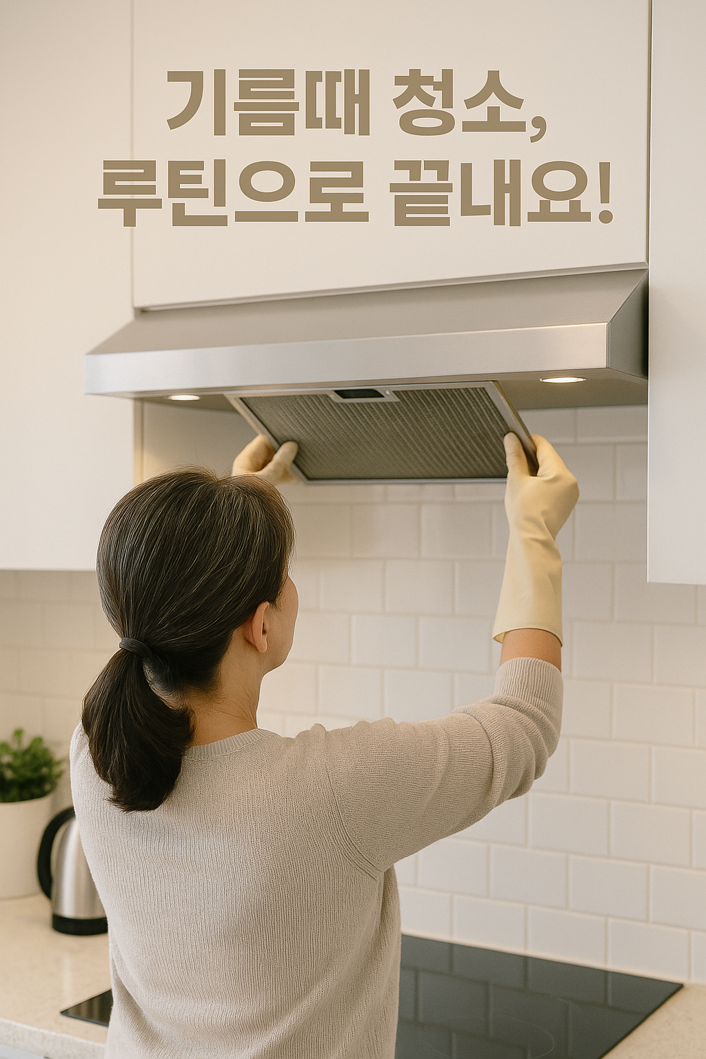 후드 필터를 손질하고 있는 중년 여성