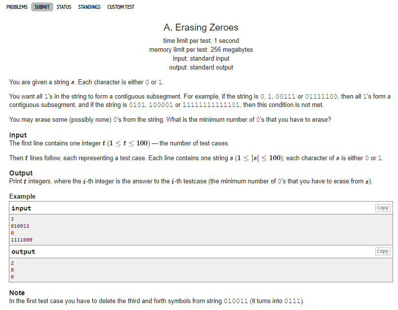  [Codeforces]  1303A: Erasing Zeroes