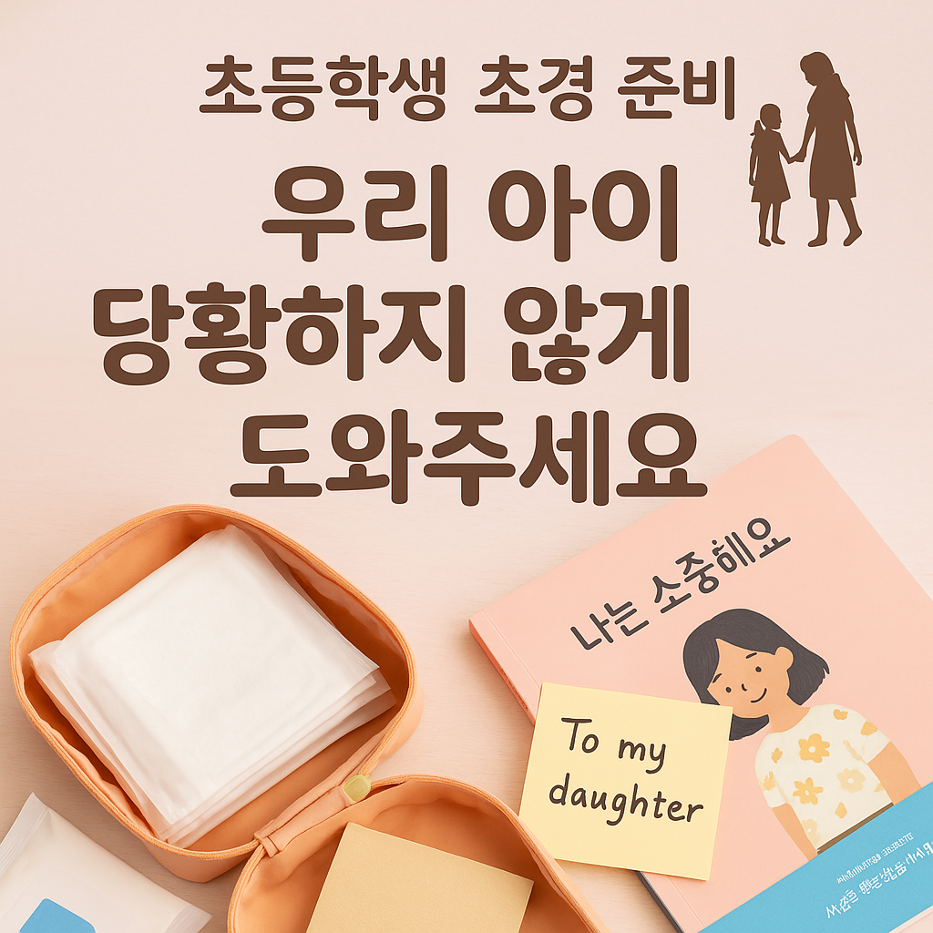 초등학생 초경 준비를 위한 생리대 파우치와 엄마의 손편지, 성교육 책이 함께 놓인 따뜻한 분위기의 실사형 이미지