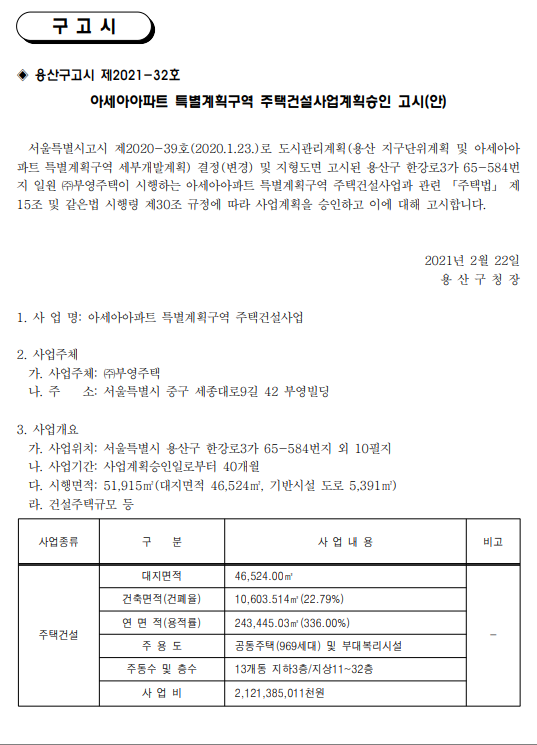  용산 아세아아파트 특별계획구역 주택사업계획승인 고시