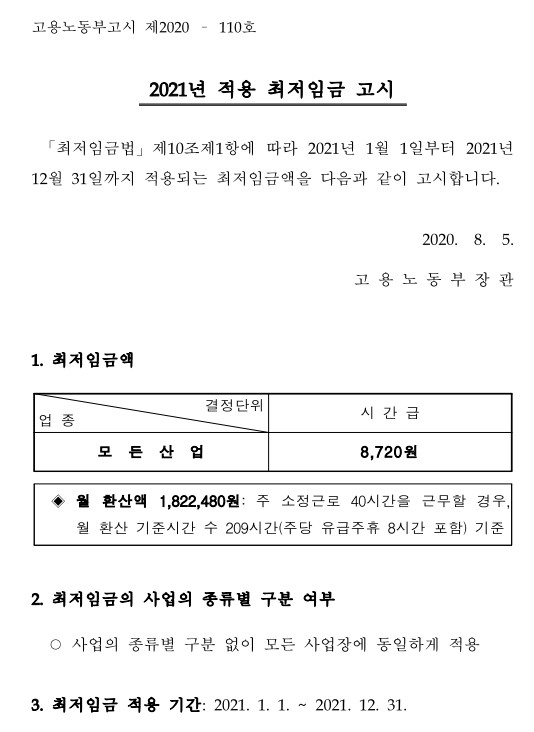  2021년 최저임금 고시… 8720원 확정!
