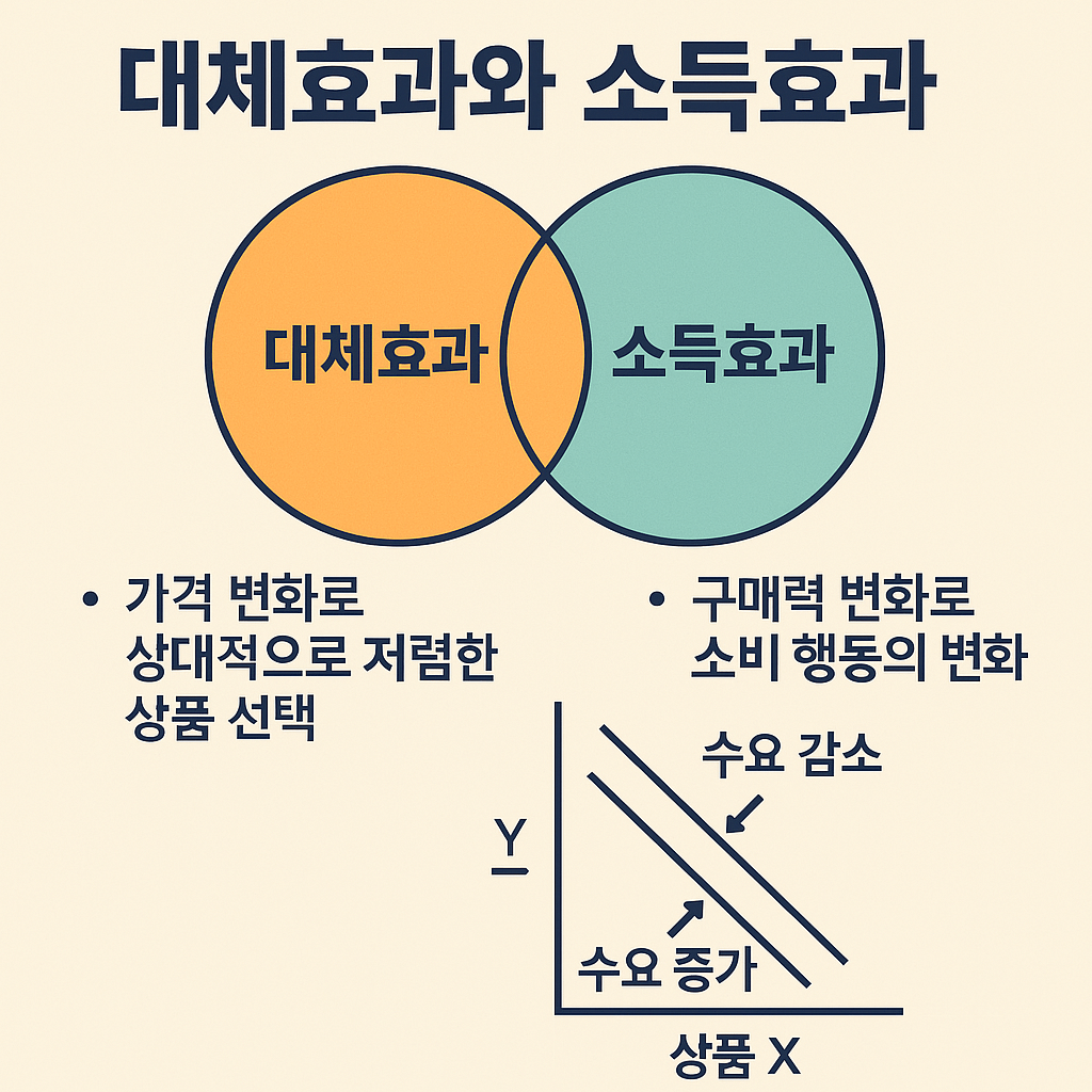 대체효과와 소득효과를 한글로 간단히 정리한 인포그래픽 이미지. 가격 변화에 따른 소비자의 반응을 시각적으로 표현함.