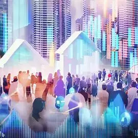 Crowd of investors engaging in real estate crowd-funding on a digital platform with market analysis elements