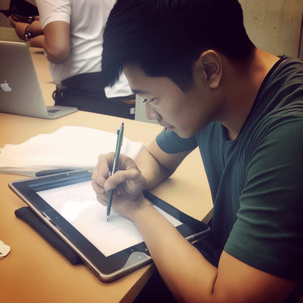 태블릿을 이용해 공부를 하는 사람 사진