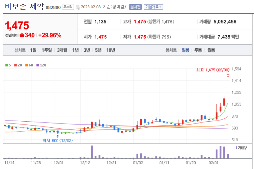 비보존 제약 일봉 차트