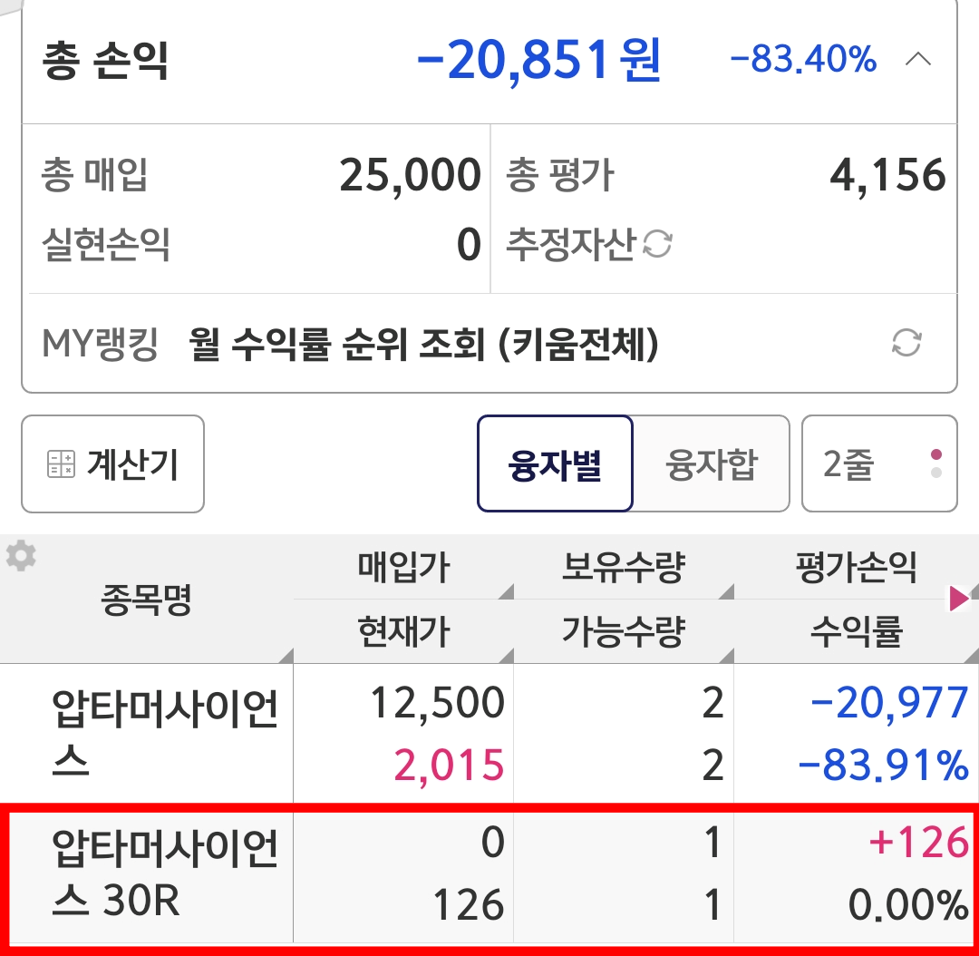 압타머사이언스 손실 및 신주인수권