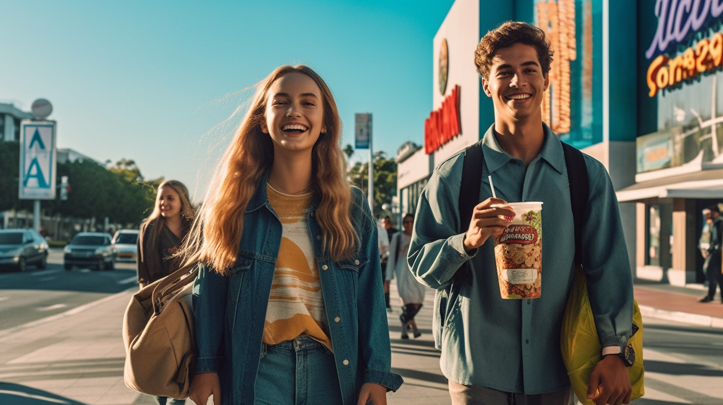 Two friends walking to the movie theater with popcorn bags.