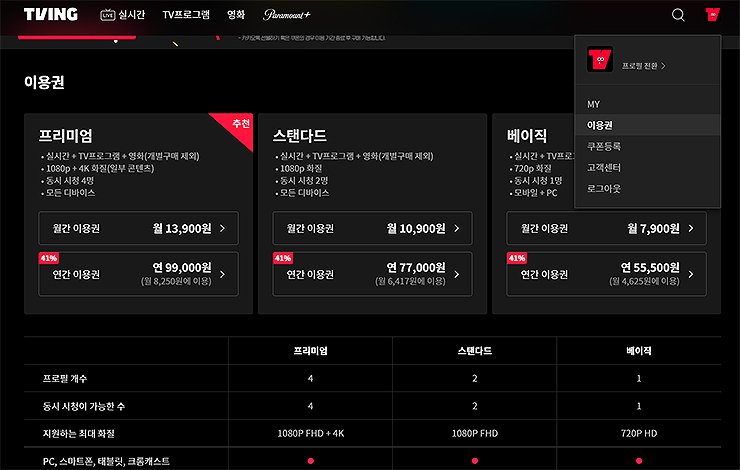tving-요금제-페이지